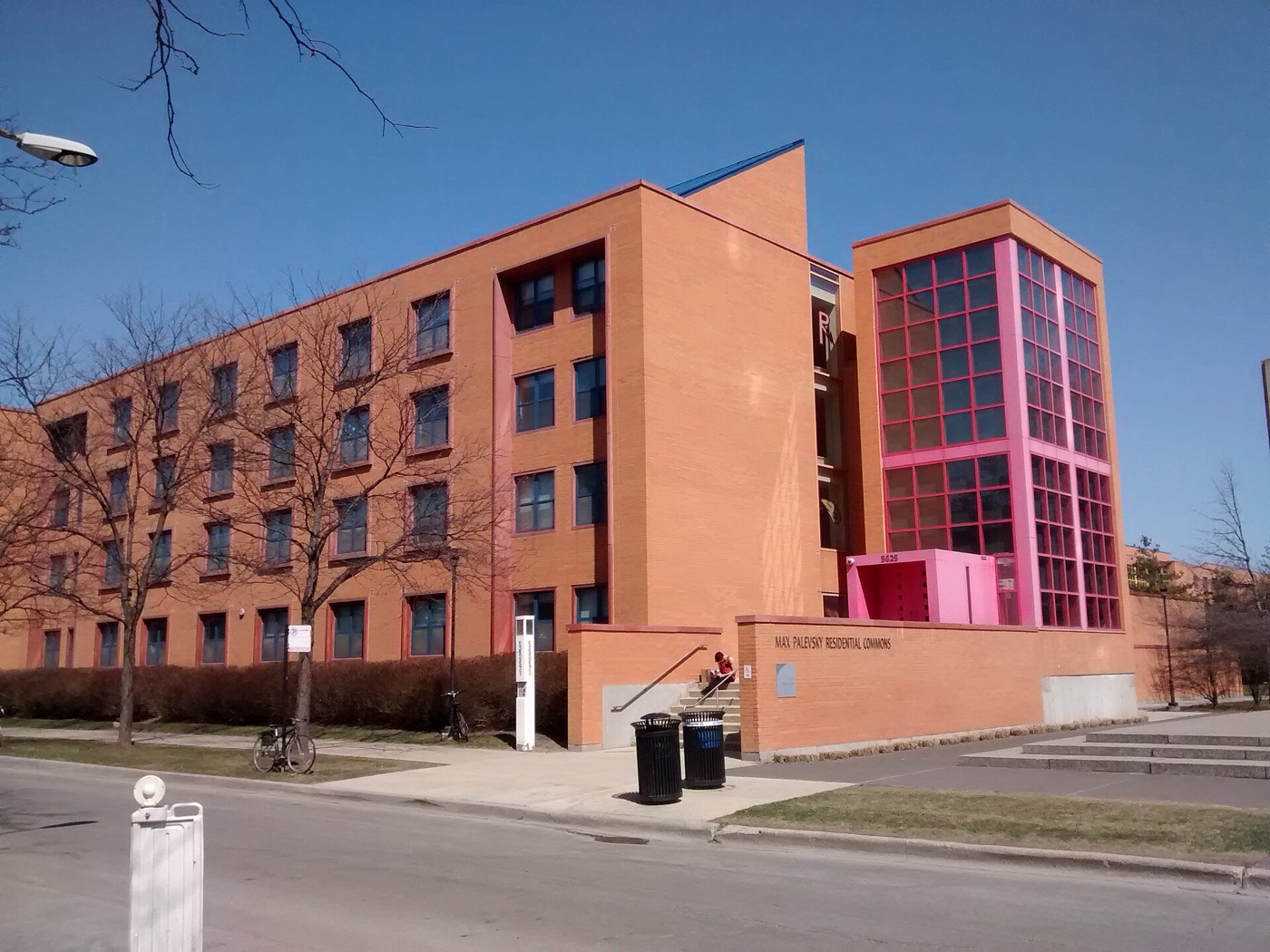 Max Palevsky Residential Commons, the colored dormitory buildings on East 56th Street.