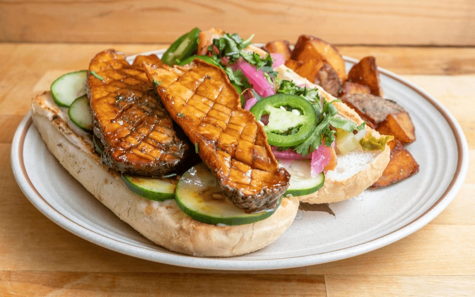 Mushroom banh mi with fried potatoes