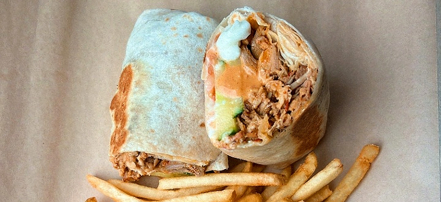 Cedars' chicken shawarma wrap with fries