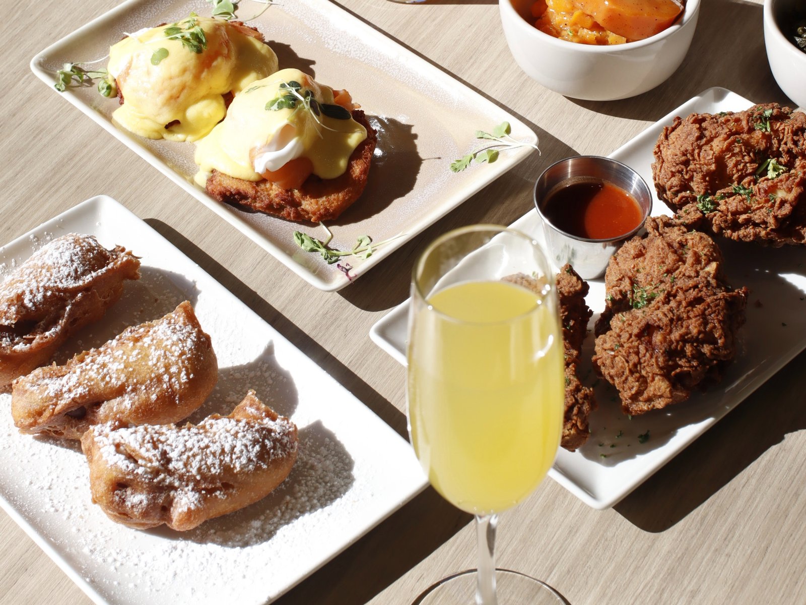 A Dawn brunch spread with the Big Benny and fried chicken