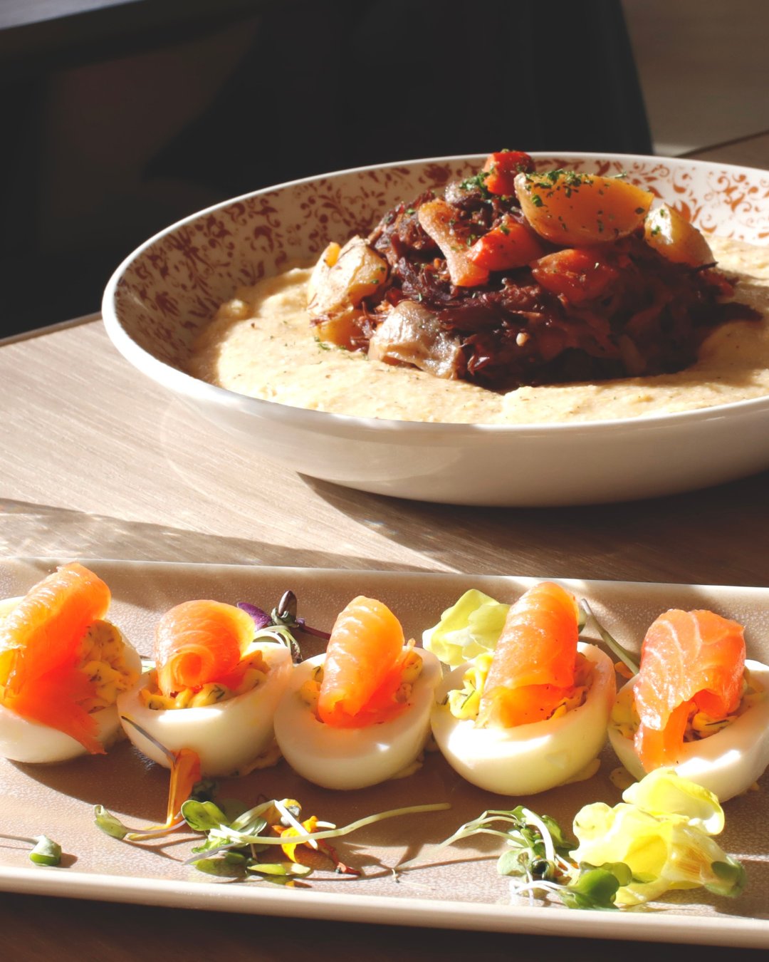 Smoked Salmon Deviled Eggs with the pot roast behind