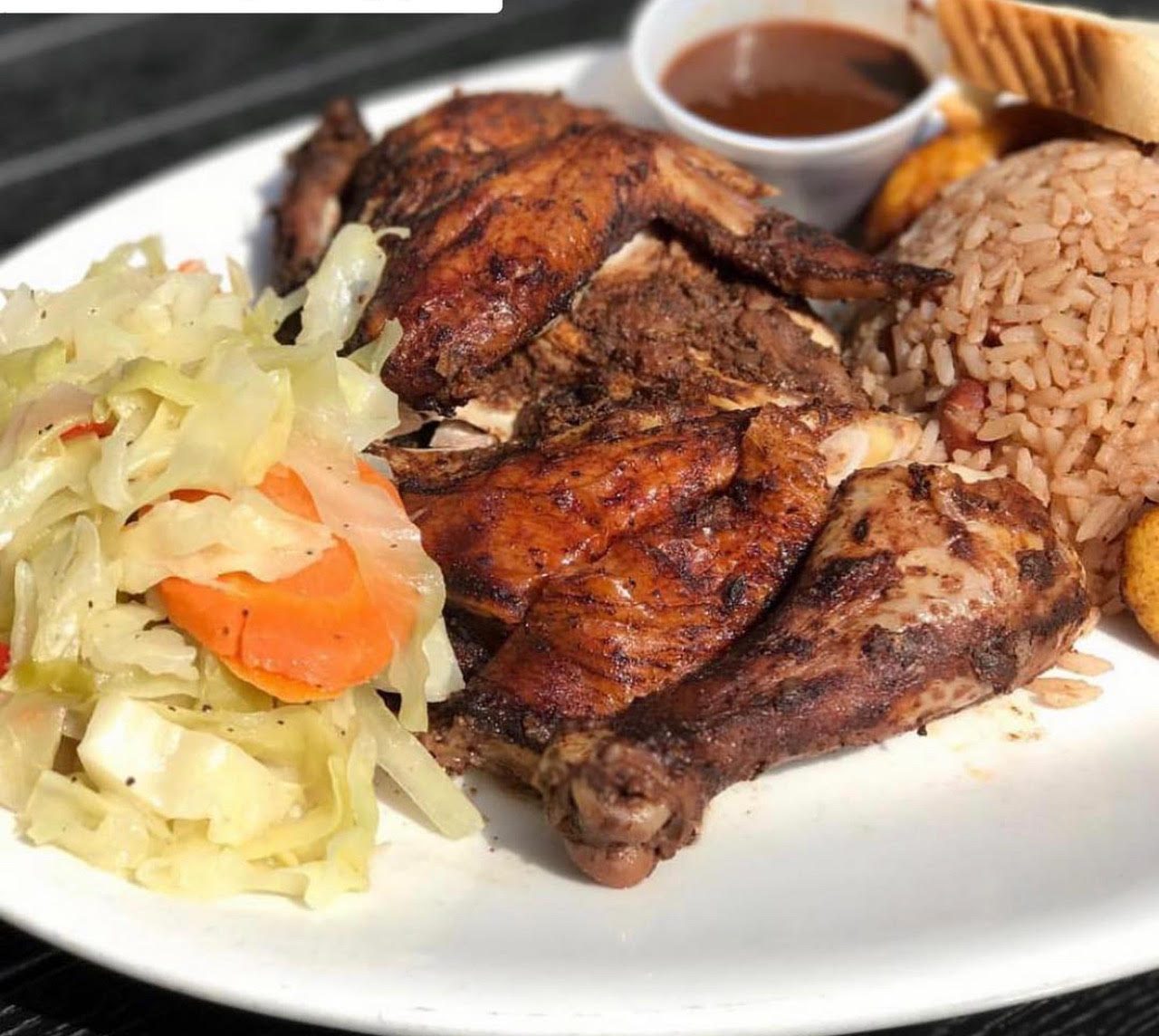 Jerk chicken with rice and peas