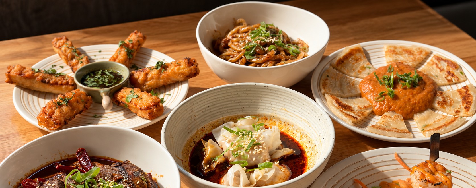 A bowl of udon on the Mi Mi Dao table