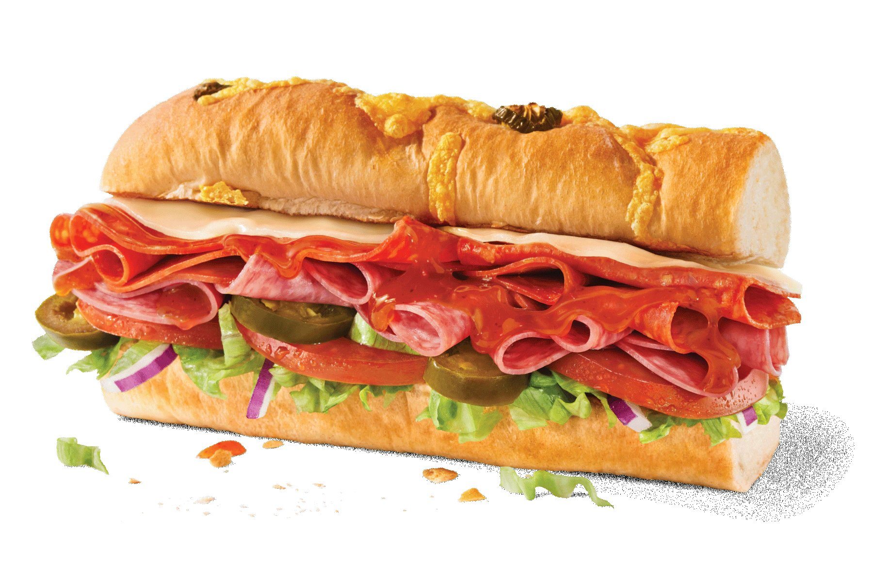 A Subway Spicy Italian sub with pepperoni, salami, provolone, jalapeños, lettuce, tomato and red onion