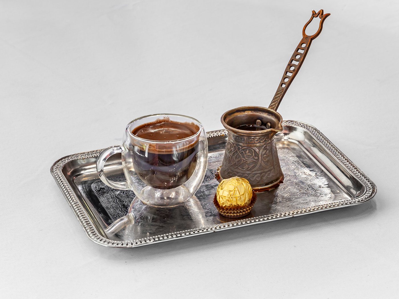Hot Turkish Coffee, served on a tray