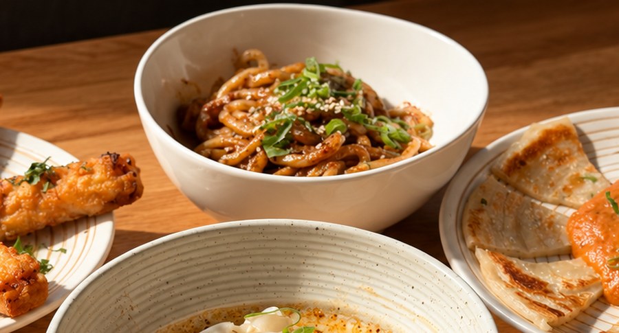A bowl of Mi Mi Dao udon with scallions and sesame, prawn youtiao and scallion pancakes beside it