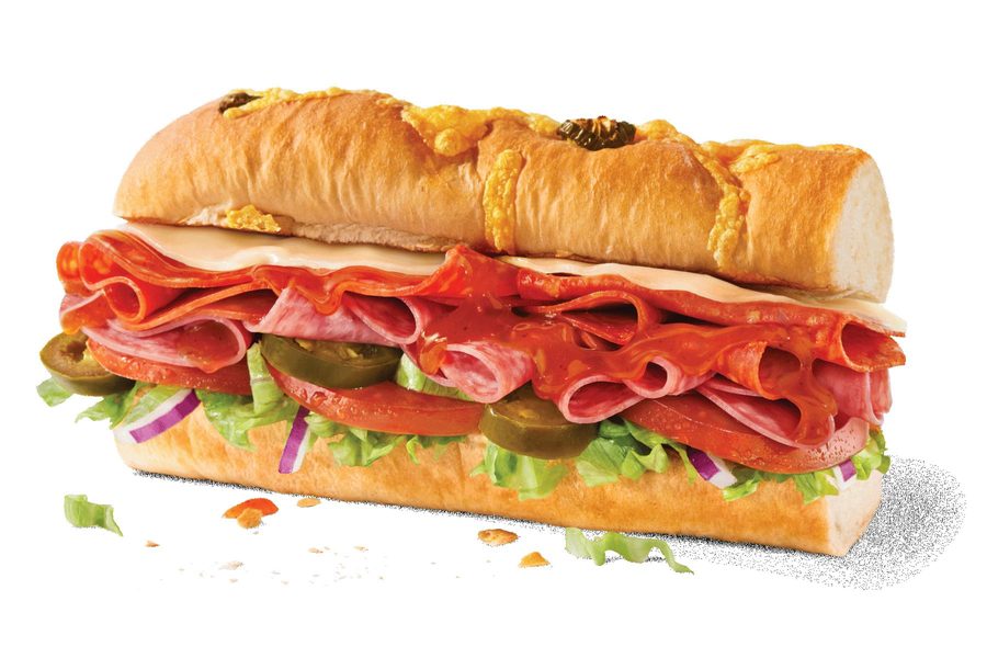 A Subway Spicy Italian sub with pepperoni, salami, provolone, jalapeños, lettuce, tomato and red onion