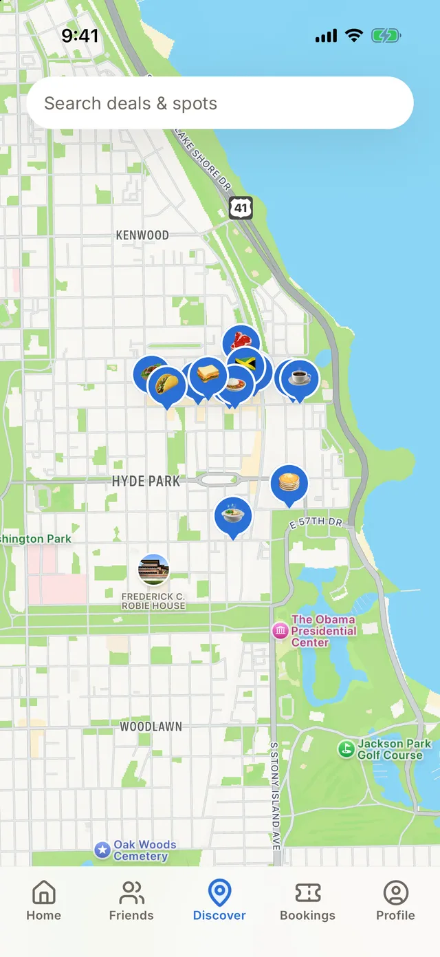 The Pool app's Discover map of Hyde Park, with a pin for each restaurant on the lineup